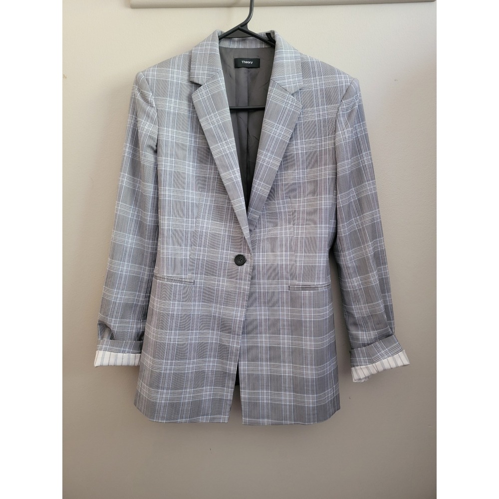 Theory Power Jacket 2 Maple Grey Plaid Virgin Wool Blazer Size 6 Suit Career EUC